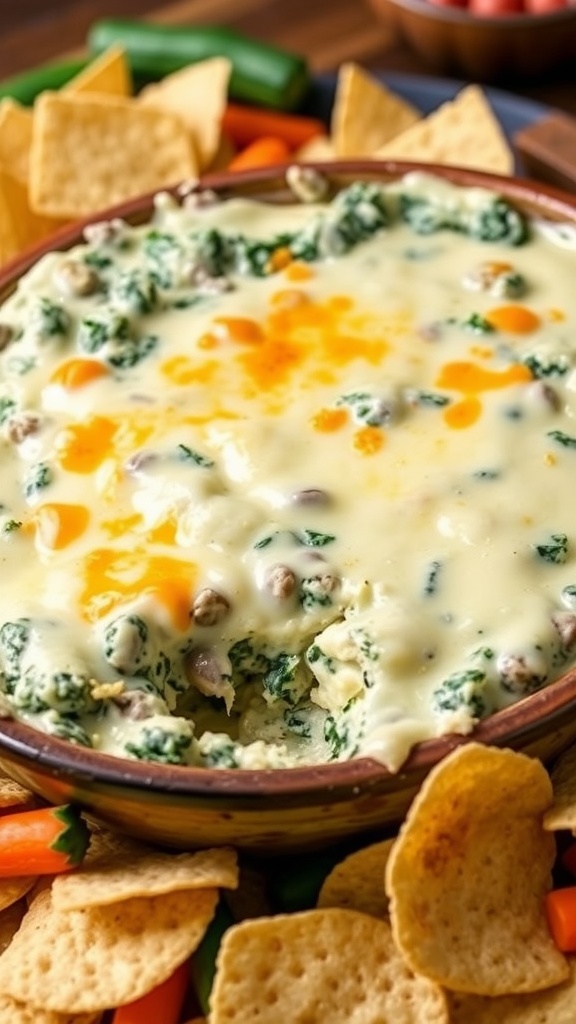 A warm bowl of creamy spinach and artichoke dip with tortilla chips and vegetable sticks.